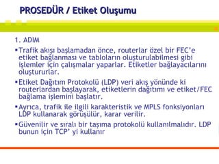 PROSEDÜR / Etiket Oluşumu 1. ADIM Trafik akışı başlamadan önce, routerlar özel bir FEC’e etiket bağlanması ve tabloların oluşturulabilmesi gibi işlemler için çalışmalar yaparlar. Etiketler bağlayacılarını oluştururlar. Etiket Dağıtım Protokolü (LDP) veri akış yönünde ki routerlardan başlayarak, etiketlerin dağıtımı ve etiket/FEC bağlama işlemini başlatır.  Ayrıca, trafik ile ilgili karakteristik ve MPLS fonksiyonları LDP kullanarak görüşülür, karar verilir. Güvenilir ve sıralı bir taşıma protokolü kullanılmalıdır. LDP bunun için TCP’ yi kullanır 
