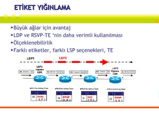 ETİKET YIĞINLAMA Büyük ağlar için avantaj LDP ve RSVP-TE ‘nin daha verimli kullanılması Ölçeklenebilirlik Farklı etiketler, farklı LSP seçenekleri, TE  