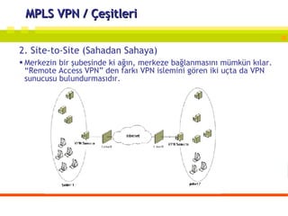 MPLS VPN / Çeşitleri 2. Site-to-Site (Sahadan Sahaya) Merkezin bir şubesinde ki ağın, merkeze bağlanmasını mümkün kılar. “Remote Access VPN” den farkı VPN islemini gören iki uçta da VPN sunucusu bulundurmasıdır. 