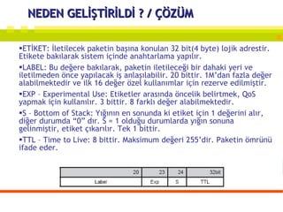 NEDEN GELİŞTİRİLDİ ? / ÇÖZÜM ETİKET: İletilecek paketin başına konulan 32 bit(4 byte) lojik adrestir. Etikete bakılarak sistem içinde anahtarlama yapılır. LABEL: Bu değere bakılarak, paketin iletileceği bir dahaki yeri ve iletilmeden önce yapılacak iş anlaşılabilir. 20 bittir. 1M’dan fazla değer alabilmektedir ve ilk 16 değer özel kullanımlar için rezerve edilmiştir. EXP – Experimental Use: Etiketler arasında öncelik belirtmek, QoS yapmak için kullanılır. 3 bittir. 8 farklı değer alabilmektedir. S – Bottom of Stack: Yığının en sonunda ki etiket için 1 değerini alır, diğer durumda “0” dır. S = 1 olduğu durumlarda yığın sonuna gelinmiştir, etiket çıkarılır. Tek 1 bittir. TTL – Time to Live: 8 bittir. Maksimum değeri 255’dir. Paketin ömrünü ifade eder. 