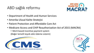 ABD sağlık reformu
• Department of Health and Human Services
• Amerika Ulusal Kalite Stratejisi
• Patient Protection and Affordable Care Act
• Medicare Access and CHIP Reauthorization Act of 2015 (MACRA)
• Merit based incentive payment system
(Değer temelli teşvik edici ödeme sistemi)
 
