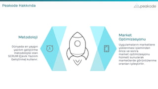 peakode
Metodoloji
Dünyada en yaygın
yazılım geliştirme
metodolojisi olan
SCRUM (Çevik Yazılım
Geliştirme) kullanır.
Market
Optimizasyonu
Uygulamaların marketlere
yüklenmesi işleminden
önce ve sonra
market optimizasyonu
hizmeti sunularak
marketlerde görüntülenme
oranları iyileştirilir.
Peakode Hakkında
 