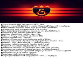 ♦Dünya sıralamasında İLK On' da 1.sıraya giren İLK Türk takımı.
♦Galatasaray avrupada 200. Golünü 13 yıl önce attı, Galatasaray UEFA Kupasını 13 yıl önce kaldırdı.
♦Bir türk takımında, avrupada bir sezonda en çok gol atan oyuncu; Burak YILMAZ!
♦UEFA kupasını hiç yenilgi almadan kazanan İLK ve TEK Türk takımı
♦Dünya Kulüpler Şampiyonası'nda Avrupa Kıtasını temsil eden İLK ve TEK Türk takımı
♦Şampiyonlar Ligi'nde Çeyrek Final'e çıkan İLK türk takımı
♦Yurt dışında İLK galibiyet alan Türk futbol Takımı-(1911)
♦Yurt dışında Türkiye'yi temsil eden İLK futbol takımı- (1911)
♦Şampiyonlar ligine katılan İLK Türk takımı
♦Avrupa'da, UEFA kupasını hiç yenilgi almadan kazanan İLK ve TEK takım
♦Uluslararası maçlarda kendi sahasında ardarda EN çok galibiyet alan Türk takımı - 20 kez
♦Bir sezonda 2 İtalyan takımını eleyen İLK Türk takımı (Milan-Bologna)
♦Bir sezonda 2 İngiliz takımını eleyen İLK Türk takımı (Leeds-Arsenal)
♦Avrupa maçlarında galibiyeti, mağlubiyetinden çok TEK Türk Takımı
♦Bir sezonda EN fazla Avrupa Kupa maçı oynayan takım.- 18 kez (Süper kupa dahil)
♦Bir sezonda Avrupa kupalarında EN fazla gol atan takım.- 35 gol (Süper kupa dahil)
♦Avrupa'da, bir sezonda Avrupa kupalarında EN fazla galibiyet alan takım. - 11 kez (Süper kupa dahil)
♦Avrupa Kupaları'nda EN çok tur geçen Türk takımı.
♦Avrupa Kupalarında EN fazla maç yapan Türk takımı.
♦Avrupa kupalarında 1 sezonda EN fazla puan toplayan takım. - 17 maç 34 puan
 