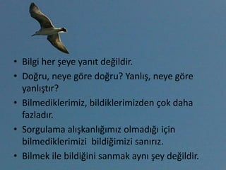 • Bilgi her şeye yanıt değildir.
• Doğru, neye göre doğru? Yanlış, neye göre
  yanlıştır?
• Bilmediklerimiz, bildiklerimizden çok daha
  fazladır.
• Sorgulama alışkanlığımız olmadığı için
  bilmediklerimizi bildiğimizi sanırız.
• Bilmek ile bildiğini sanmak aynı şey değildir.
 