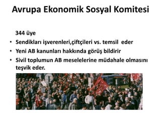 Avrupa Ekonomik Sosyal Komitesi    344 üyeSendikları işverenleri,çiftçileri vs. temsil  ederYeni AB kanunları hakkında görüş bildirirSivil toplumun AB meselelerine müdahale olmasını teşvik eder.