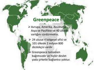 GreenpeaceAvrupa, Amerika, Avusturya Asya ve Pasifikte ve 40 ülkede varlığını sürdürmekte.