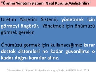 “Üretim Yönetim Sistemi Nasıl Kurulur/Geliştirilir?”
Üretim Yönetim Sistemi, yönetmek için
görmeyi öngörür. Yönetmek için önümüzü
görmek gerekir.
Önümüzü görmek için kullanacağımız karar
destek sistemleri ne kadar güvenilirse o
kadar doğru kararlar alırız.
“Üretim Yönetim Sistemi” kitabından alınmıştır, Şevket AKPINAR, İzmir 2014
 