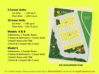 5 Corner Units:
       Lot Area – 223 sq.m.
       Floor Area – 129.2 sq.m.
   19 Inner Units
       Lot Area – 192 sq.m.
       Floor Area – 122.75 sq.m.

   Models A & B
   3 Bedrooms, 1 Powder Room
   2 Toilets & Bathrooms + 1 Extra Toilet
   1 Maid’s Room with T&B
   1 Porch & 1 Carport (for 2 cars)
   Model C
   4 Bedrooms, 1 Powder Room
   2 Toilets & Bathrooms + 1 Extra Toilet
   1 Maid’s Room with T&B
   1 Porch & 1 Carport (for 2 cars)
                                                         SITE DEVELOPMENT PLAN

For further inquiry: Please contact Victor Ng at 0920-8545958 or email me at vsng0415@yahoo.com
 