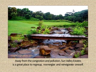 vsng0415@yahoo.com

    Away from the congestion and pollution, Sun Valley Estates
 is a great place to regroup, reenergize and reinvigorate oneself.
 