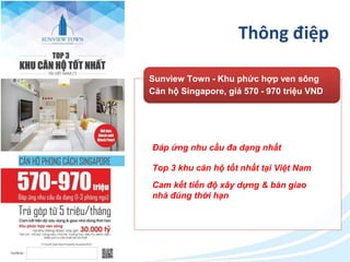 Thông điệp 
Sunview Town - Khu phức hợp ven sông 
Căn hộ Singapore, giá 570 - 970 triệu VND 
Đáp ứng nhu cầu đa dạng nhất 
Top 3 khu căn hộ tốt nhất tại Việt Nam 
Cam kết tiến độ xây dựng & bàn giao 
nhà đúng thời hạn 
 
