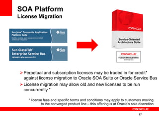 SOA Platform
License Migration



                                                               Service-Oriented
                                                               Architecture Suite




Perpetual and subscription licenses may be traded in for credit*
 against license migration to Oracle SOA Suite or Oracle Service Bus
License migration may allow old and new licenses to be run
 concurrently *

    * license fees and specific terms and conditions may apply to customers moving
            to the converged product line – this offering is at Oracle’s sole discretion

                                                                               17
 