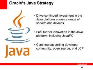 Oracle’s Java Strategy

            • Drive continued investment in the
              Java platform across a range of
              servers and devices

            • Fuel further innovation in the Java
              platform, including JavaFX

            • Continue supporting developer
              community, open source, and JCP




                                               28
 
