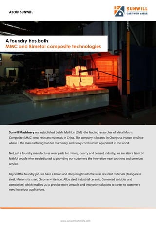 ABOUT SUNWILL
Sunwill Machinery was established by Mr. Maili Lin (GM) -the leading researcher of Metal Matrix
Composite (M...