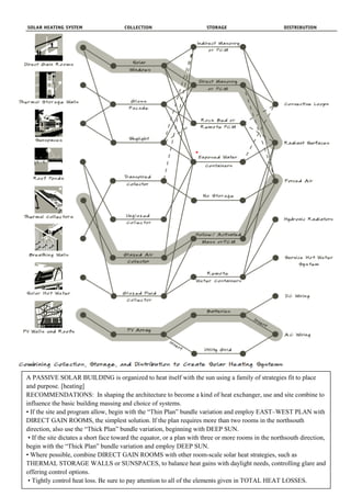 A PASSIVE SOLAR BUILDING is organized to heat itself with the sun using a family of strategies fit to place
and purpose. [heating]
RECOMMENDATIONS: In shaping the architecture to become a kind of heat exchanger, use and site combine to
influence the basic building massing and choice of systems.
• If the site and program allow, begin with the “Thin Plan” bundle variation and employ EAST–WEST PLAN with
DIRECT GAIN ROOMS, the simplest solution. If the plan requires more than two rooms in the northsouth
direction, also use the “Thick Plan” bundle variation, beginning with DEEP SUN.
• If the site dictates a short face toward the equator, or a plan with three or more rooms in the northsouth direction,
begin with the “Thick Plan” bundle variation and employ DEEP SUN.
• Where possible, combine DIRECT GAIN ROOMS with other room-scale solar heat strategies, such as
THERMAL STORAGE WALLS or SUNSPACES, to balance heat gains with daylight needs, controlling glare and
offering control options.
• Tightly control heat loss. Be sure to pay attention to all of the elements given in TOTAL HEAT LOSSES.
 