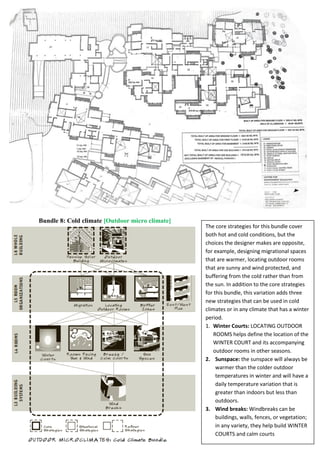 Bundle 8: Cold climate [Outdoor micro climate]
The core strategies for this bundle cover
both hot and cold conditions, but the
choices the designer makes are opposite,
for example, designing migrational spaces
that are warmer, locating outdoor rooms
that are sunny and wind protected, and
buffering from the cold rather than from
the sun. In addition to the core strategies
for this bundle, this variation adds three
new strategies that can be used in cold
climates or in any climate that has a winter
period.
1. Winter Courts: LOCATING OUTDOOR
ROOMS helps define the location of the
WINTER COURT and its accompanying
outdoor rooms in other seasons.
2. Sunspace: the sunspace will always be
warmer than the colder outdoor
temperatures in winter and will have a
daily temperature variation that is
greater than indoors but less than
outdoors.
3. Wind breaks: Windbreaks can be
buildings, walls, fences, or vegetation;
in any variety, they help build WINTER
COURTS and calm courts
 