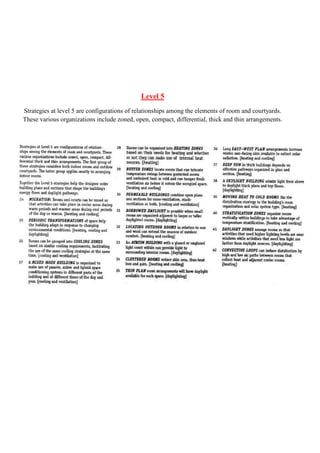 Level 5
Strategies at level 5 are configurations of relationships among the elements of room and courtyards.
These various organizations include zoned, open, compact, differential, thick and thin arrangements.
 