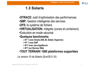 SUNWjass - Solaris Security Toolkit
1.3 Solaris
•DTRACE: outil d’optimisation des performances
•SMF: Gestion intelligente des services
•ZFS: le système de fichiers
•VIRTUALISATION: intégrée (zones et containers)
•Exécution en mode sécurisé
66Stéphane KONAN Proprietary / Confidential: Internal Use Only
La version 10 de Solaris (SunOS 5.10)
•Exécution en mode sécurisé
•Quelques benchmarks:
N° 1 avec Oracle (DB, BI, Siebel, Hyperion)
N° 1 avec SAP
N°1 avec Java AppServer
N°1 sur Serveur Web
•TOUT TERRAIN! 1000 plateformes supportées
 