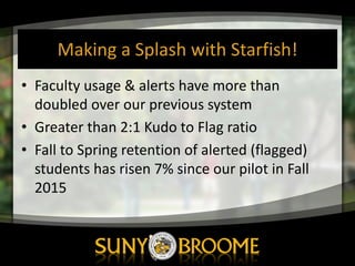 Making	
  a	
  Splash	
  with	
  Starfish!
• Faculty	
  usage	
  &	
  alerts	
  have	
  more	
  than	
  
doubled	
  over	
  our	
  previous	
  system
• Greater	
  than	
  2:1	
  Kudo	
  to	
  Flag	
  ratio
• Fall	
  to	
  Spring	
  retention	
  of	
  alerted	
  (flagged)	
  
students	
  has	
  risen	
  7%	
  since	
  our	
  pilot	
  in	
  Fall	
  
2015	
  
 