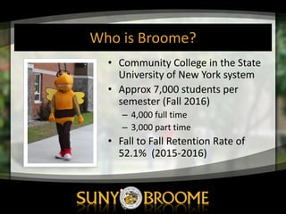 Who	
  is	
  Broome?
• Community	
  College	
  in	
  the	
  State	
  
University	
  of	
  New	
  York	
  system
• Approx 7,000	
  students	
  per	
  
semester	
  (Fall	
  2016)
– 4,000	
  full	
  time	
  
– 3,000	
  part	
  time
• Fall	
  to	
  Fall	
  Retention	
  Rate	
  of	
  
52.1%	
  	
  (2015-­‐2016)
 