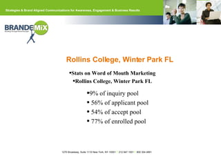 9% of inquiry pool 56% of applicant pool 54% of accept pool 77% of enrolled pool Stats on Word of Mouth Marketing Rollins College, Winter Park FL Rollins College, Winter Park FL 