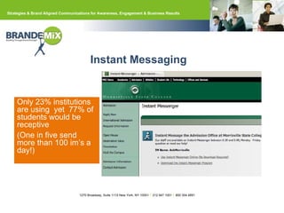 Instant Messaging Only 23% institutions are using  yet  77% of students would be receptive (One in five send more than 100 im’s a day!) 