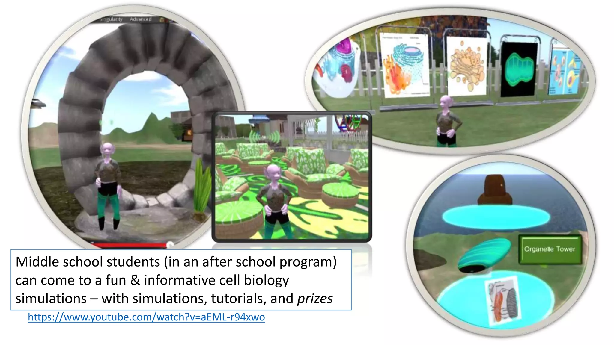 https://www.youtube.com/watch?v=aEML-r94xwo
Middle school students (in an after school program)
can come to a fun & informative cell biology
simulations – with simulations, tutorials, and prizes
 