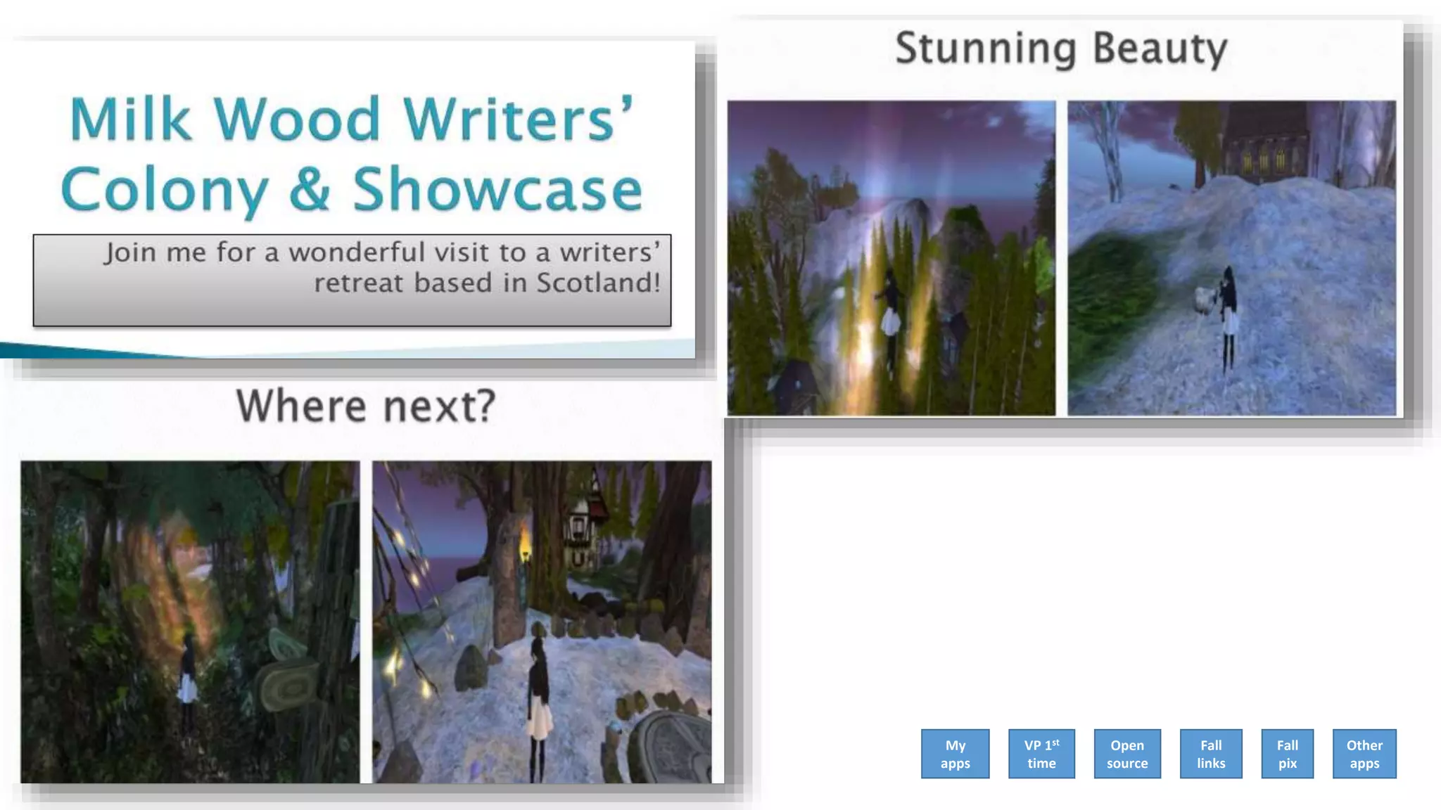 My
apps
VP 1st
time
Open
source
Fall
links
Fall
pix
Other
apps
 