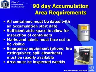 90 day Accumulation
Area Requirements
• All containers must be dated with
an accumulation start date
• Sufficient aisle space to allow for
inspection of containers
• Marks and labels must face out to
be visible
• Emergency equipment (phone, fire
extinguisher, spill absorbent)
must be readily available
• Area must be inspected weekly
Office of
Environmental
Health & Safety
Environmental Resource Center
1/19/2013
 