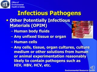 Infectious Pathogens
• Other Potentially Infectious
Materials (OPIM)
‒ Human body fluids
‒ Any unfixed tissue or organ
‒ Human cells
‒ Any cells, tissue, organ cultures, culture
medium or other solutions from human
or animal experimentation reasonably
likely to contain pathogens such as
HIV, HBV, HCV, etc.
Office of
Environmental
Health & Safety
Environmental Resource Center
 