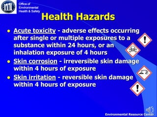 Health Hazards
● Acute toxicity - adverse effects occurring
after single or multiple exposures to a
substance within 24 hours, or an
inhalation exposure of 4 hours
● Skin corrosion - irreversible skin damage
within 4 hours of exposure
● Skin irritation - reversible skin damage
within 4 hours of exposure
Office of
Environmental
Health & Safety
Environmental Resource Center
 