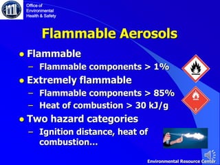 Flammable Aerosols
● Flammable
‒ Flammable components > 1%
● Extremely flammable
‒ Flammable components > 85%
‒ Heat of combustion > 30 kJ/g
● Two hazard categories
‒ Ignition distance, heat of
combustion…
Office of
Environmental
Health & Safety
Environmental Resource Center
 