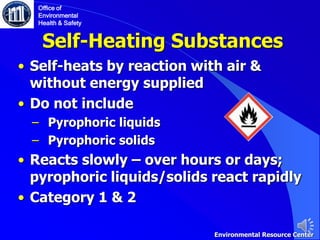 Self-Heating Substances
• Self-heats by reaction with air &
without energy supplied
• Do not include
‒ Pyrophoric liquids
‒ Pyrophoric solids
• Reacts slowly ‒ over hours or days;
pyrophoric liquids/solids react rapidly
• Category 1 & 2
Office of
Environmental
Health & Safety
Environmental Resource Center
 