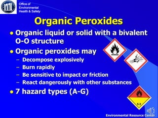 Organic Peroxides
● Organic liquid or solid with a bivalent
O-O structure
● Organic peroxides may
‒ Decompose explosively
‒ Burn rapidly
‒ Be sensitive to impact or friction
‒ React dangerously with other substances
● 7 hazard types (A-G)
Office of
Environmental
Health & Safety
Environmental Resource Center
 