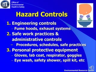 Hazard Controls
1. Engineering controls
– Fume hoods, exhaust systems
2. Safe work practices &
administrative controls
‒ Procedures, schedules, safe practices
3. Personal protective equipment
– Gloves, lab coat, respirator, goggles
– Eye wash, safety shower, spill kit, etc
Office of
Environmental
Health & Safety
Environmental Resource Center
 