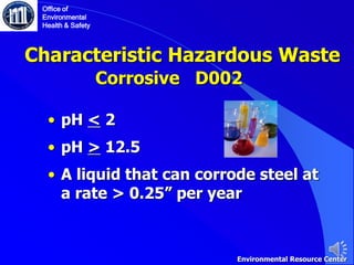 • pH < 2
• pH > 12.5
• A liquid that can corrode steel at
a rate > 0.25” per year
Characteristic Hazardous Waste
Corrosive D002
Office of
Environmental
Health & Safety
Environmental Resource Center
 