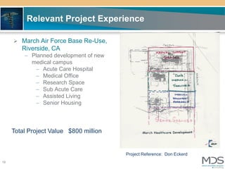 Relevant Project Experience

      March Air Force Base Re-Use,
        Riverside, CA
         – Planned development of new
           medical campus
            – Acute Care Hospital
            – Medical Office
            – Research Space
            – Sub Acute Care
            – Assisted Living
            – Senior Housing




     Total Project Value $800 million


                                        Project Reference: Don Eckerd
13
 