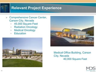Relevant Project Experience

      Comprehensive Cancer Center,
       Carson City, Nevada
        • 45,000 Square Feet
        • Radiation Oncology
        • Medical Oncology
        • Education




                                      Medical Office Building, Carson
                                      City, Nevada
                                              40,000 Square Feet



15
 