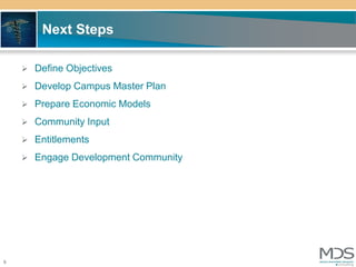 Next Steps

     Define Objectives

     Develop Campus Master Plan

     Prepare Economic Models

     Community Input

     Entitlements

     Engage Development Community




5
 