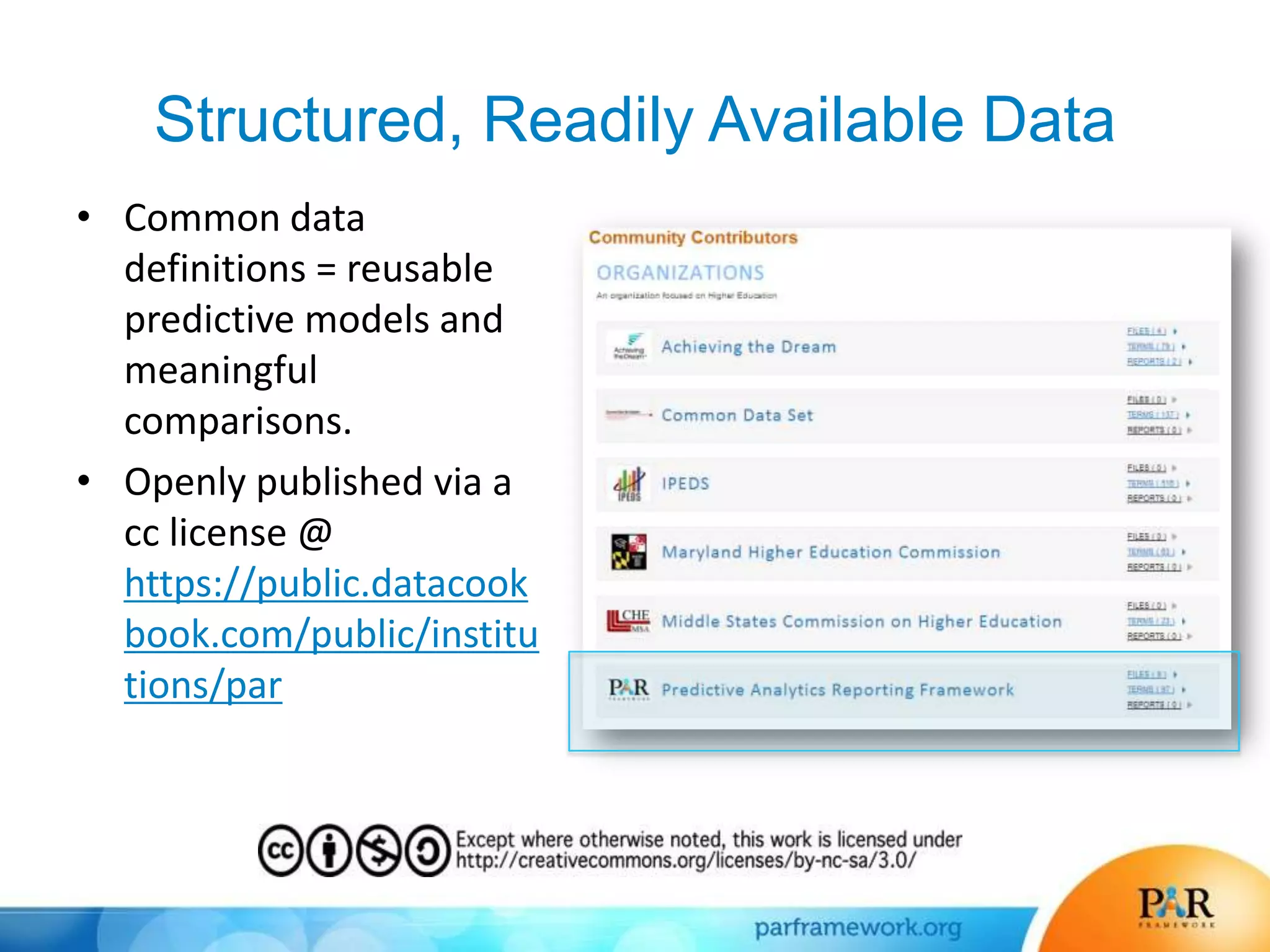 Structured, Readily Available Data
• Common data
definitions = reusable
predictive models and
meaningful
comparisons.
• Openly published via a
cc license @
https://public.datacook
book.com/public/institu
tions/par
 