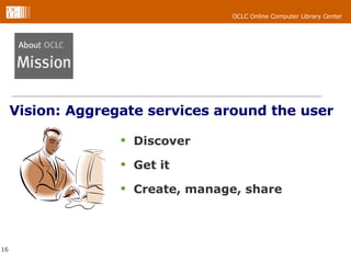 Vision: Aggregate services around the user Discover  Get it  Create, manage, share 