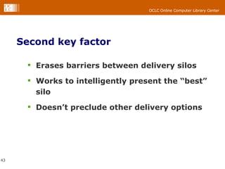 Second key factor Erases barriers between delivery silos Works to intelligently present the “best” silo  Doesn’t preclude other delivery options  