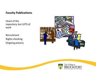 Faculty Publications

Heart of the
repository, but LOTS of
work

Recruitment
Rights checking
Ongoing process
 