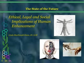 NH2
01100110111010000
H OH
H
The State of the FutureThe State of the Future
Ethical, Legal and SocialEthical, Legal and Social
Implications of HumanImplications of Human
EnhancementEnhancement
Linda MacDonald Glenn, JD, LLMLinda MacDonald Glenn, JD, LLM
 