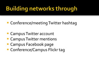Conference/meeting Twitter hashtag Campus Twitter account Campus Twitter mentions Campus Facebook page Conference/Campus Flickr tag 