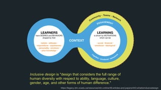 • Synthesize the factors that contribute to
academic success among diverse students
Inclusive design is "design that considers the full range of
human diversity with respect to ability, language, culture,
gender, age, and other forms of human difference."
https://legacy.idrc.ocadu.ca/resources/idrc-online/49-articles-and-papers/443-whatisinclusivedesign
 