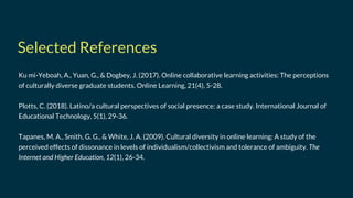 Selected References
Ku mi-Yeboah, A., Yuan, G., & Dogbey, J. (2017). Online collaborative learning activities: The perceptions
of culturally diverse graduate students. Online Learning, 21(4), 5-28.
Plotts, C. (2018). Latino/a cultural perspectives of social presence: a case study. International Journal of
Educational Technology, 5(1), 29-36.
Tapanes, M. A., Smith, G. G., & White, J. A. (2009). Cultural diversity in online learning: A study of the
perceived effects of dissonance in levels of individualism/collectivism and tolerance of ambiguity. The
Internet and Higher Education, 12(1), 26-34.
 