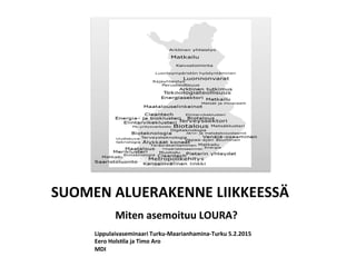  	
  SUOMEN	
  ALUERAKENNE	
  LIIKKEESSÄ	
  	
  
	
  	
  	
  	
  	
  	
  	
  	
  	
  	
  	
  	
  	
  	
  	
  	
  	
  	
  	
  	
  	
  	
  	
  	
  	
  	
  	
  	
  	
  
	
   	
  Miten	
  asemoituu	
  LOURA?	
  
Lippulaivaseminaari	
  Turku-­‐Maarianhamina-­‐Turku	
  5.2.2015	
  
Eero	
  HolsFla	
  ja	
  Timo	
  Aro	
  
MDI	
  
 
