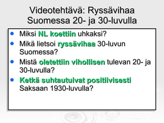Videotehtävä: Ryssävihaa Suomessa 20- ja 30-luvulla <ul><li>Miksi  NL koettiin  uhkaksi? </li></ul><ul><li>Mikä lietsoi  r...