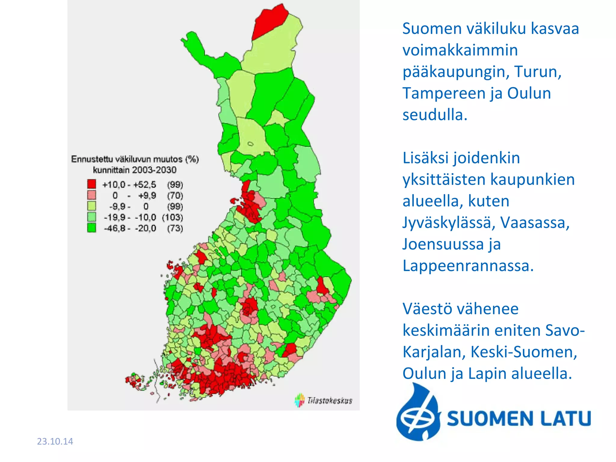 23.10.14 
Suomen väkiluku kasvaa 
voimakkaimmin 
pääkaupungin, Turun, 
Tampereen ja Oulun 
seudulla. 
Lisäksi joidenkin 
yksittäisten kaupunkien 
alueella, kuten 
Jyväskylässä, Vaasassa, 
Joensuussa ja 
Lappeenrannassa. 
Väestö vähenee 
keskimäärin eniten Savo- 
Karjalan, Keski-Suomen, 
Oulun ja Lapin alueella. 
 