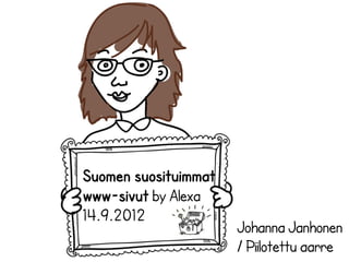 Suomen suosituimmat
www-sivut by Alexa
14.9.2012
                      Johanna Janhonen
                      / Piilotettu aarre
 